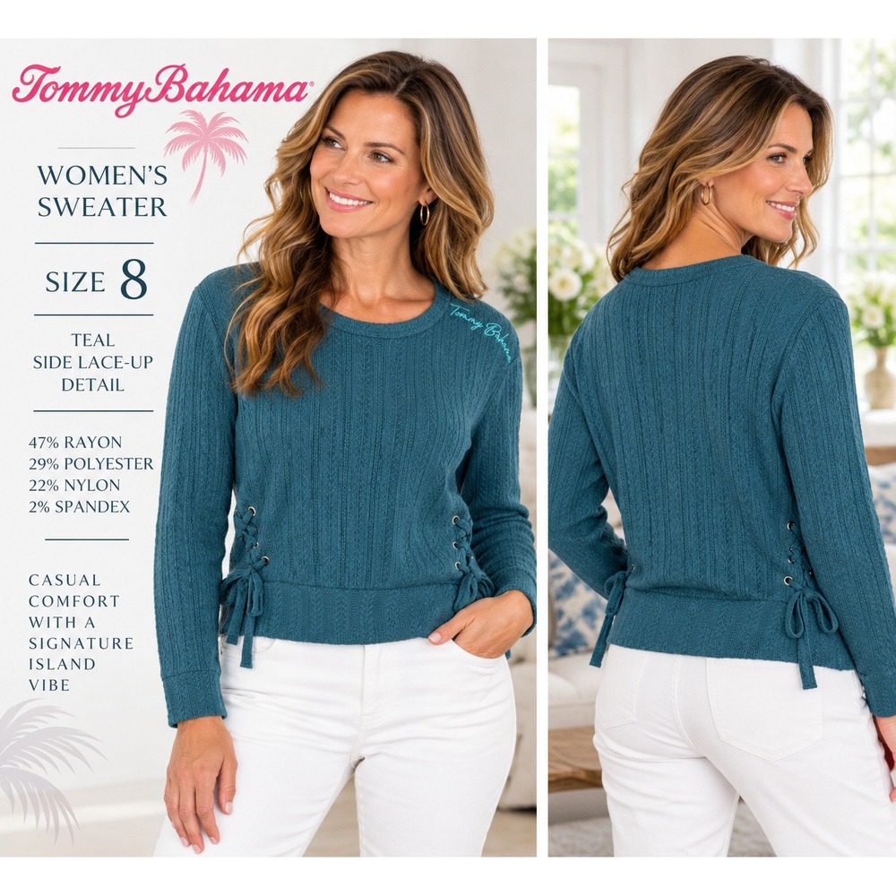 Tommy Bahama Womens 8 Teal Pointelle Knit Lace Up Side Pullover Sweater #1912